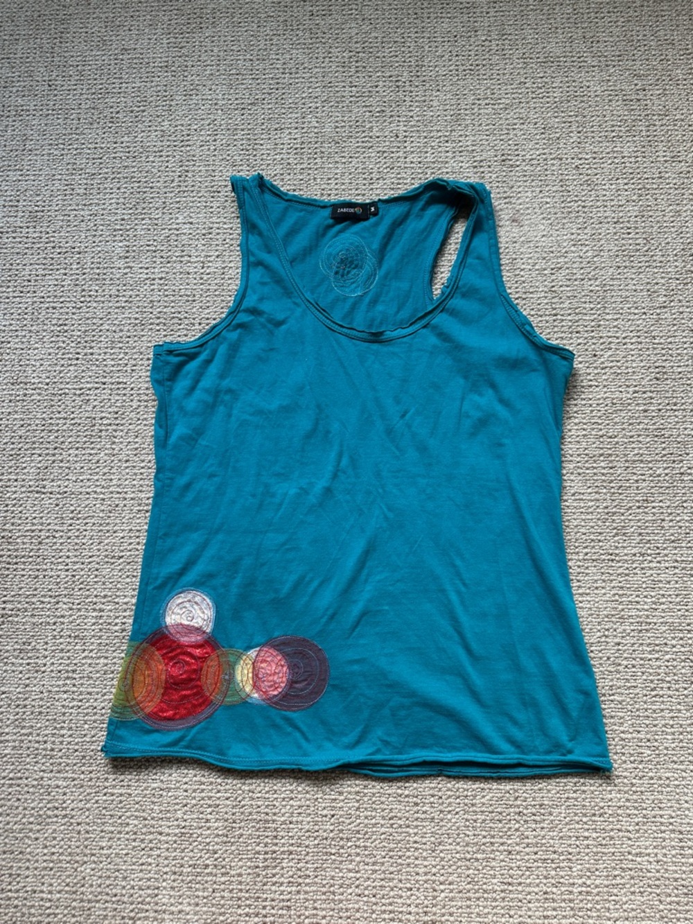 Zabede Teal Scoop Neck Tank with Colorful Circle Embroidery